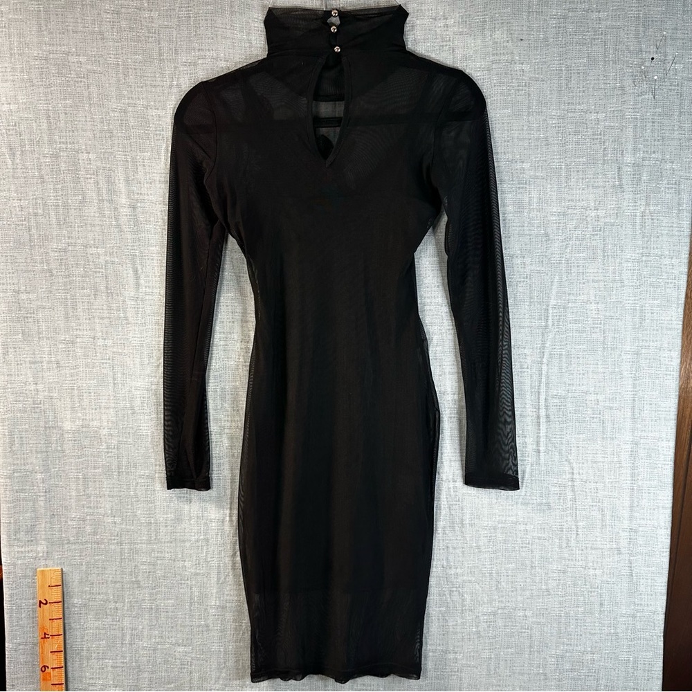 Love J Black Mesh Mini Dress Long Sleeve Pink Rose Embroidery Mock Neck Small - Picture 7 of 16